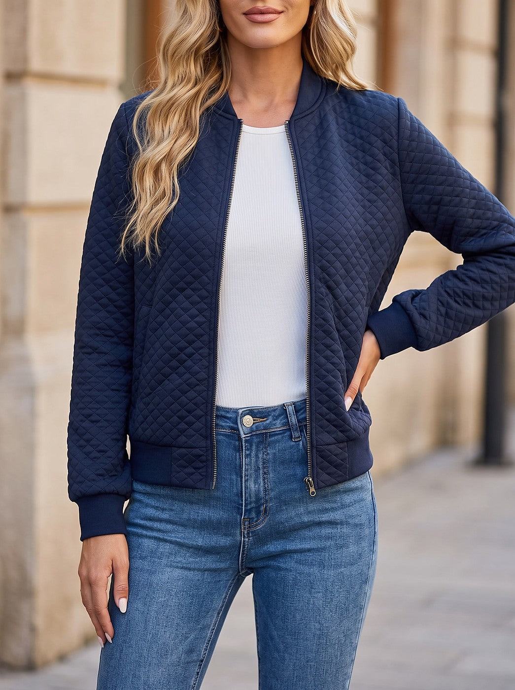 Women's Padded Bomber with Ribbed Stand Collar