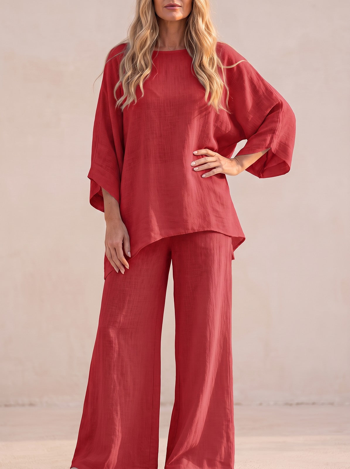 Women's Slub Weave Batwing Wide Leg Co-ord