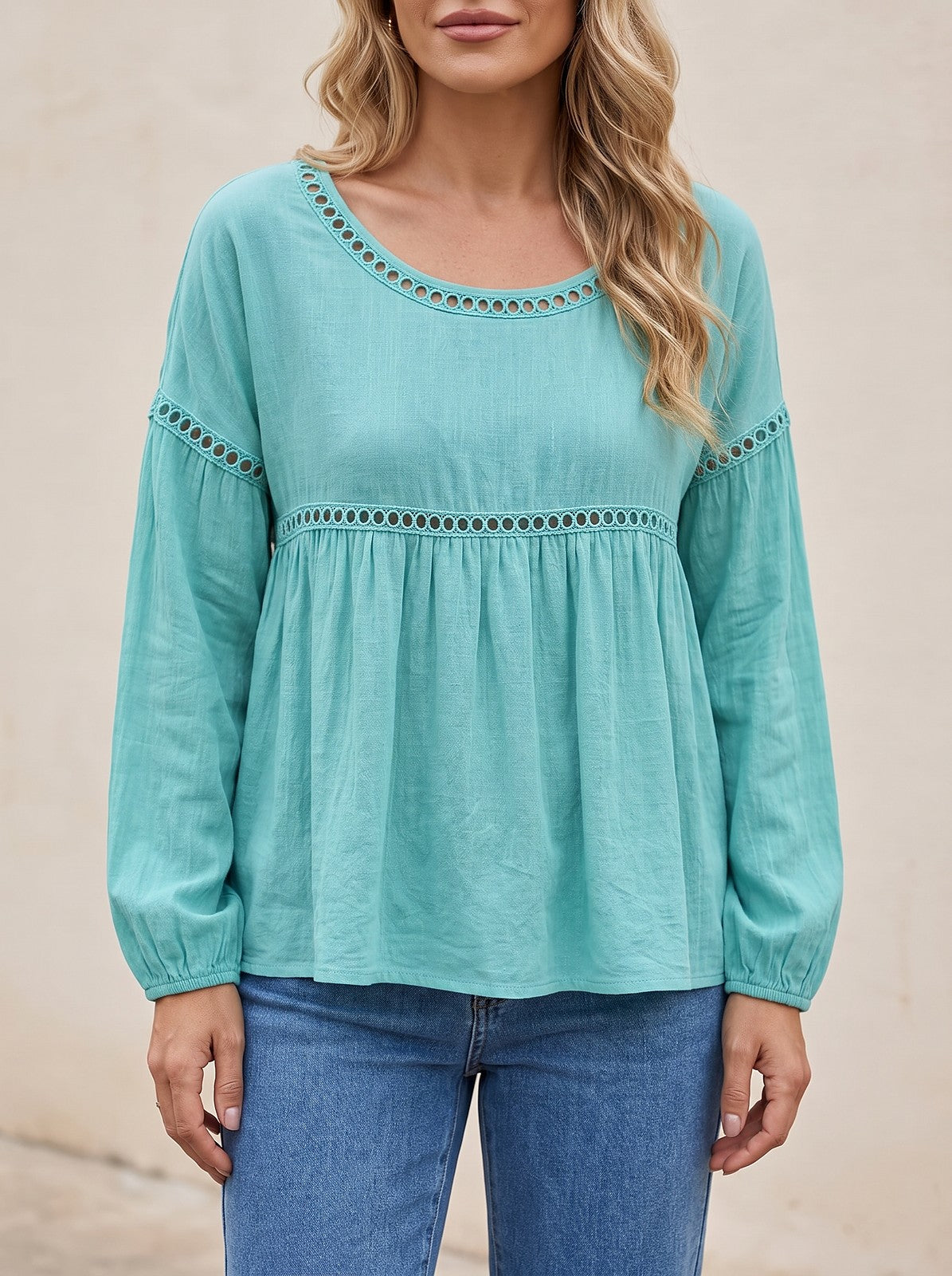 Women's Loose Hollow Lace Long Sleeve Top
