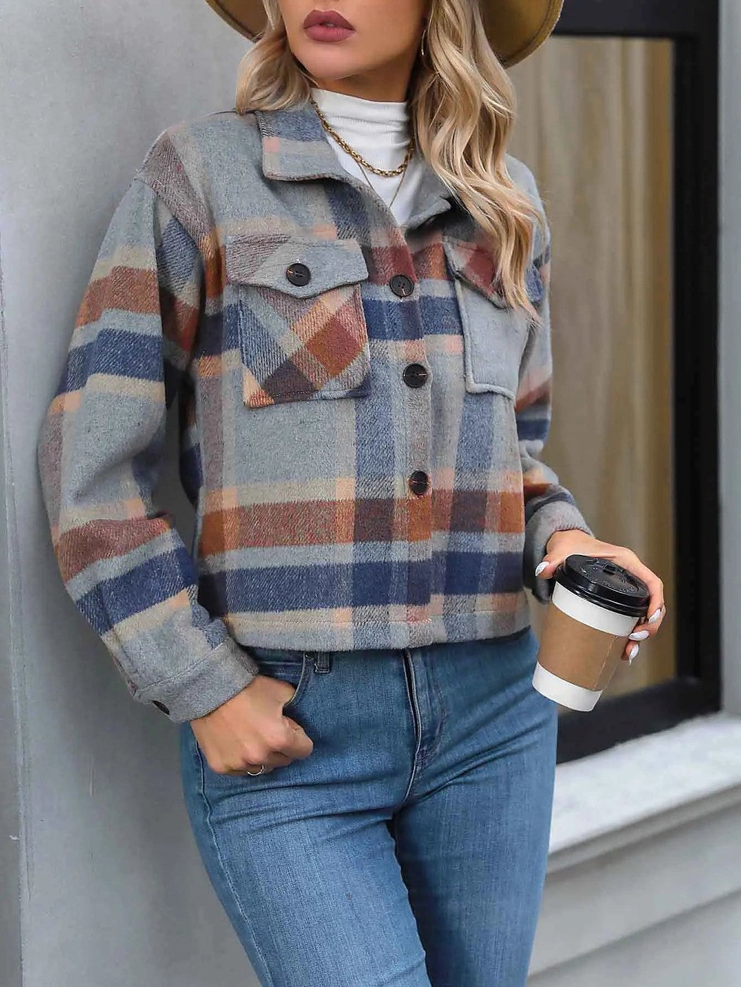 Women's Cropped Check Overshirt Jacket