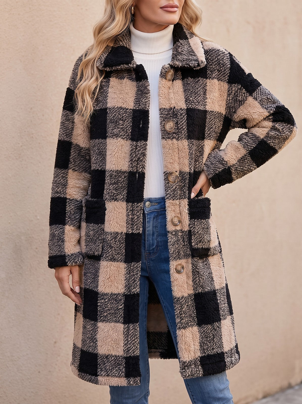 Women's Longline Check Teddy Coat