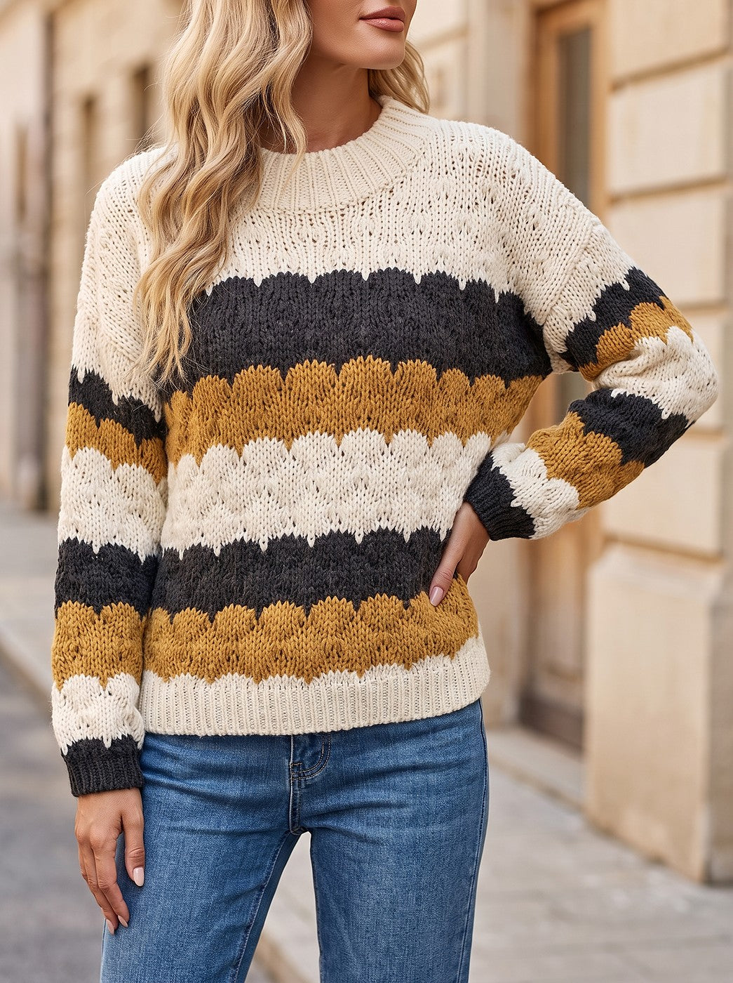 Women's Chunky Wave Stripe Funnel Neck Jumper