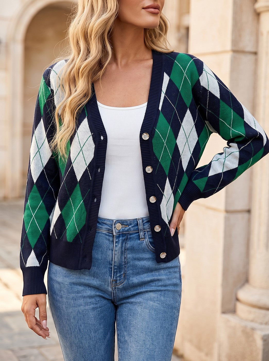 Women's Diamond Argyle Cardigan Ribbed Trim