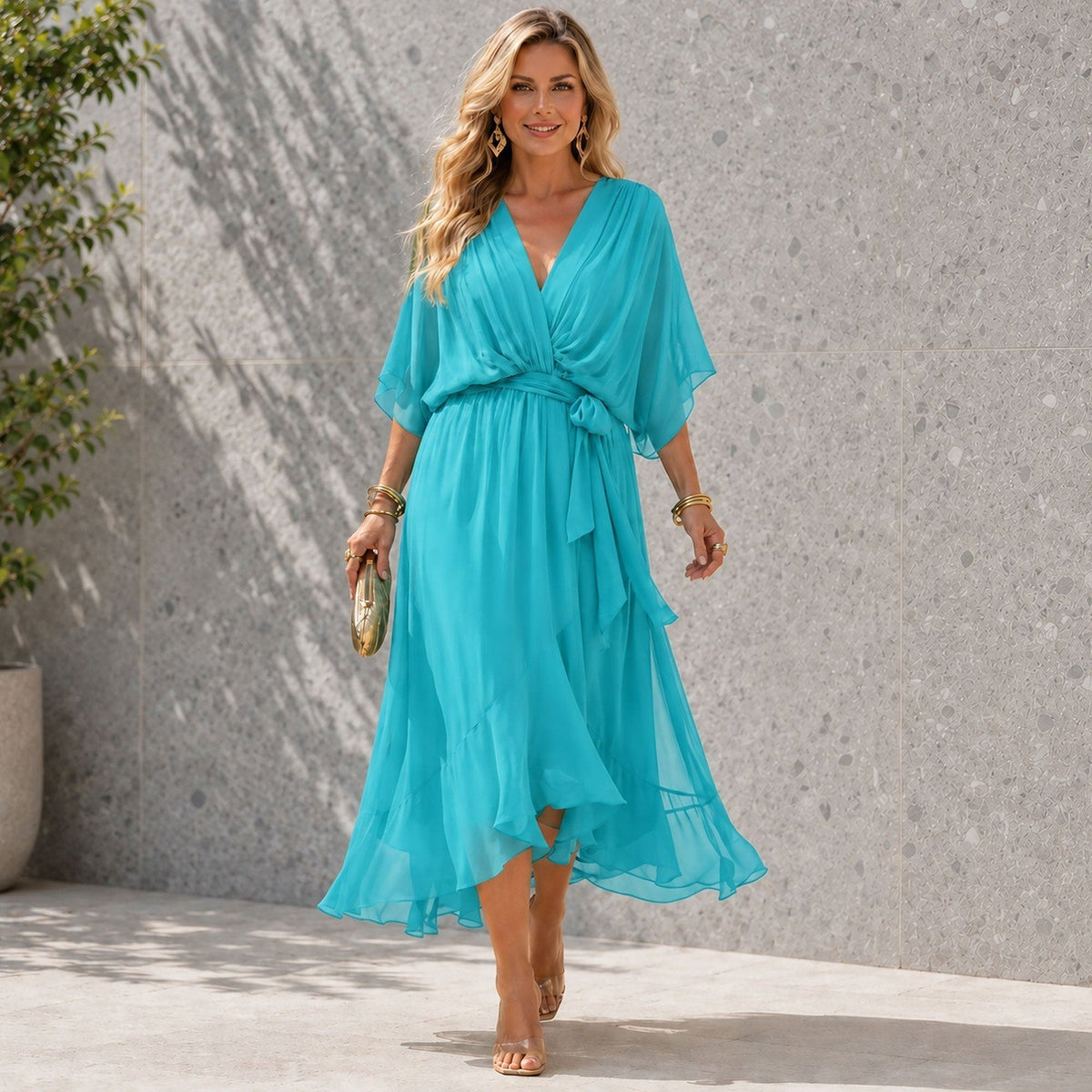 Women's V Neck Layered Wedding Guest Dress