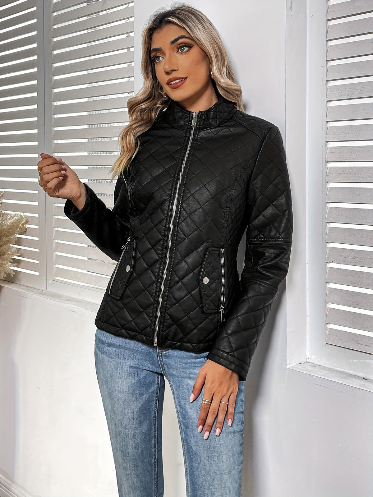 Women's Padded Faux Leather Zip Jacket