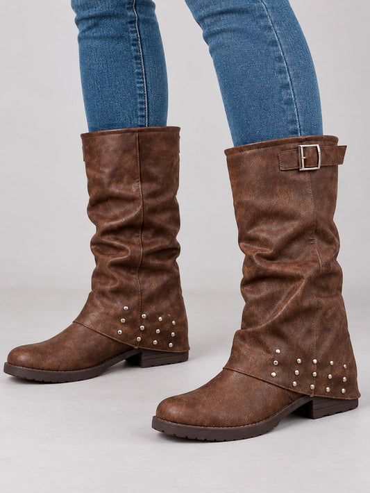 Women's Brown Studded Slouch Boots
