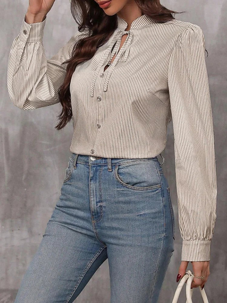 Women's Striped Tie Neck Blouse