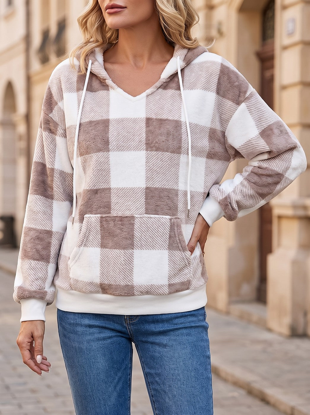 Women's Checked Sherpa Hoodie with Pouch Pocket