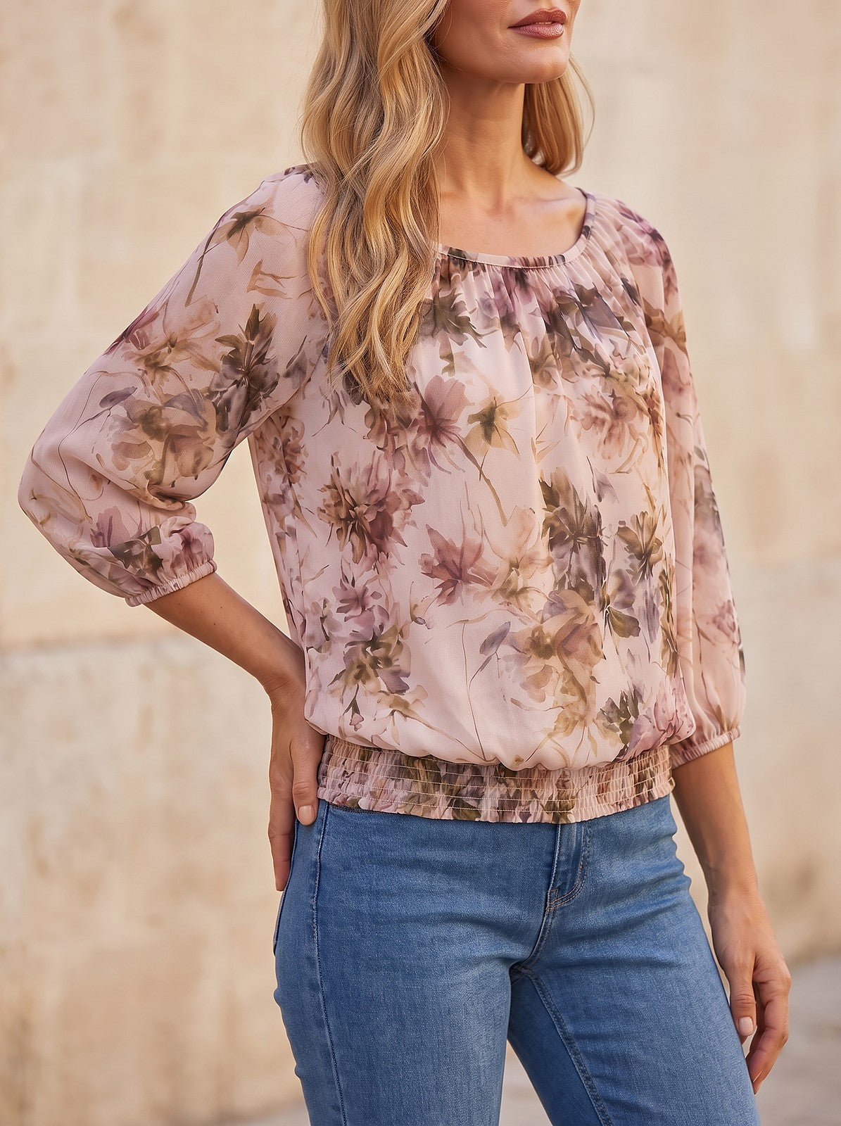 Women's Floral Chiffon Puff Sleeve Blouse