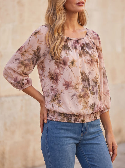 Women's Floral Chiffon Puff Sleeve Blouse