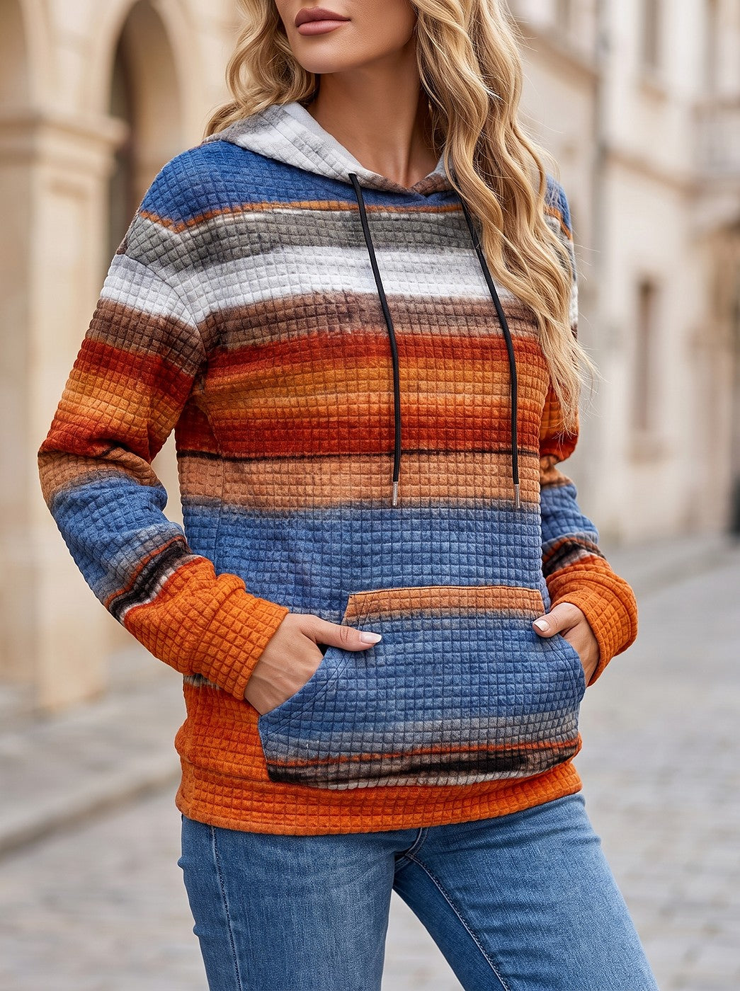 Women's Striped Waffle Drawstring Hoodie