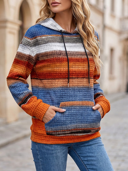 Women's Striped Waffle Drawstring Hoodie