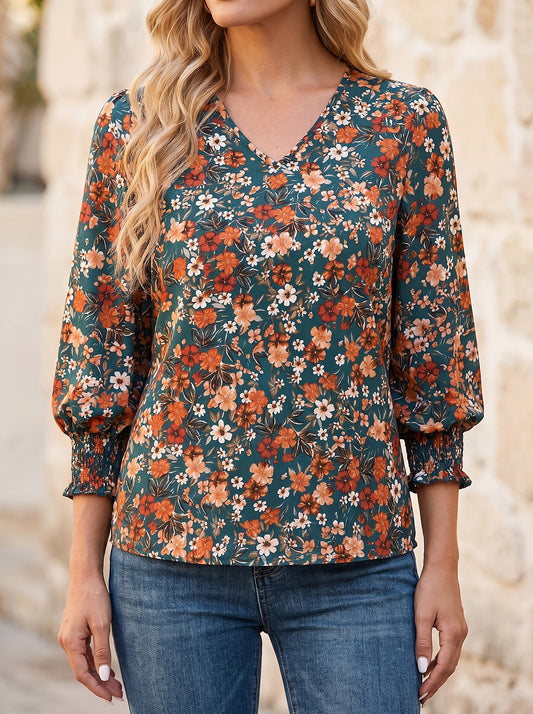 Women's Ruffle 3/4 Sleeve V Neck Top