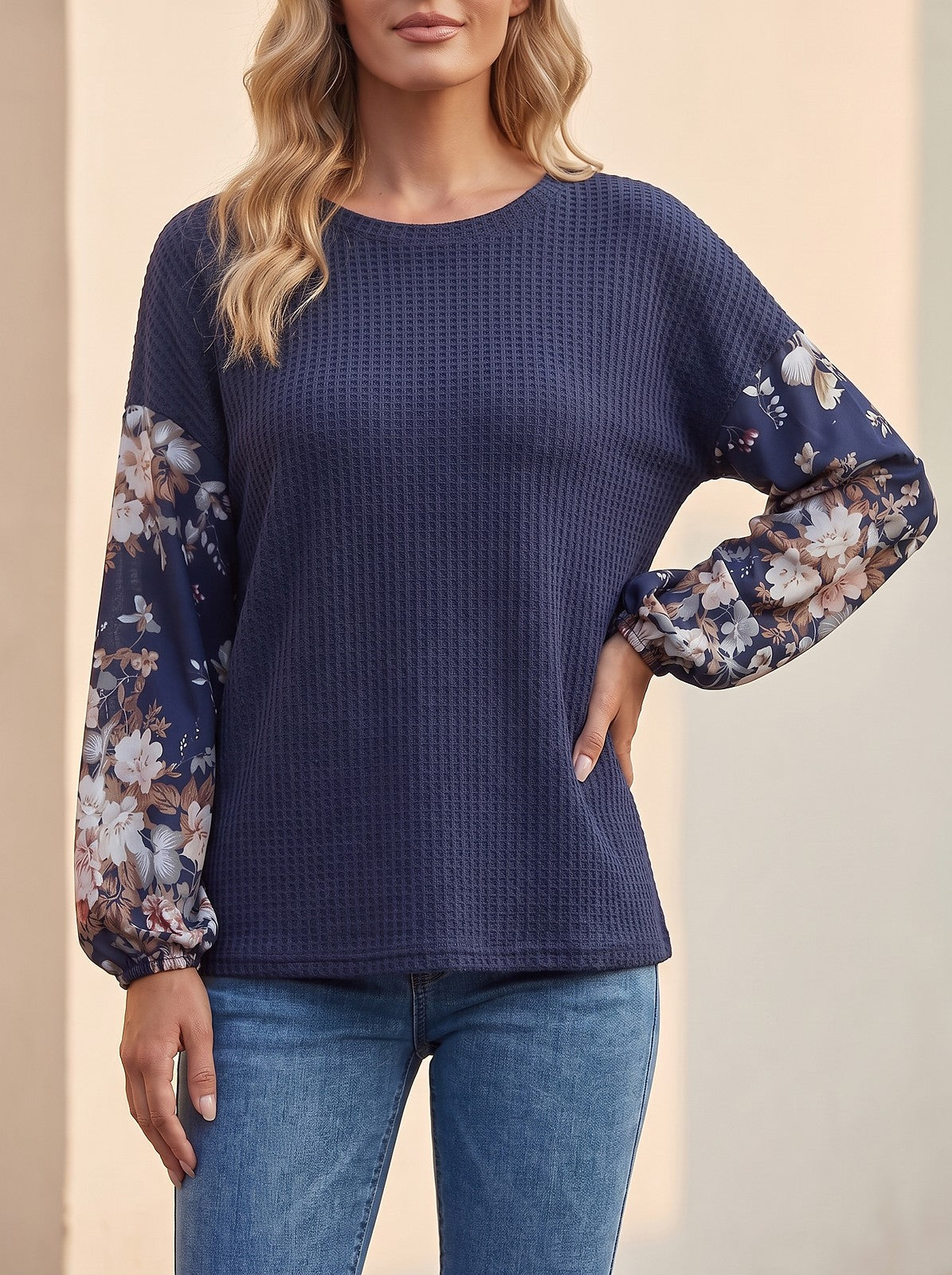 Women's Waffle Top with Floral Puff Sleeves