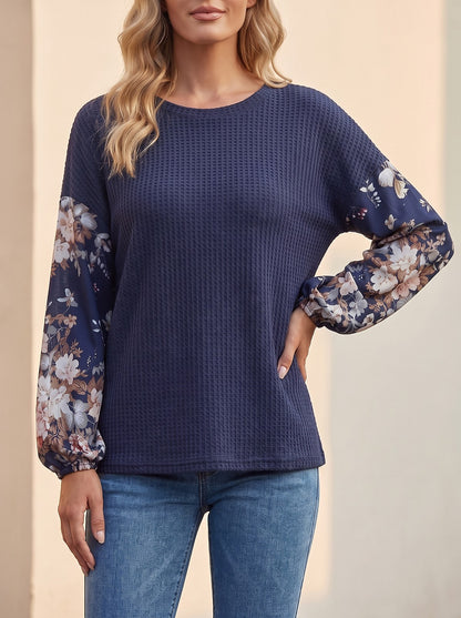 Women's Waffle Top with Floral Puff Sleeves