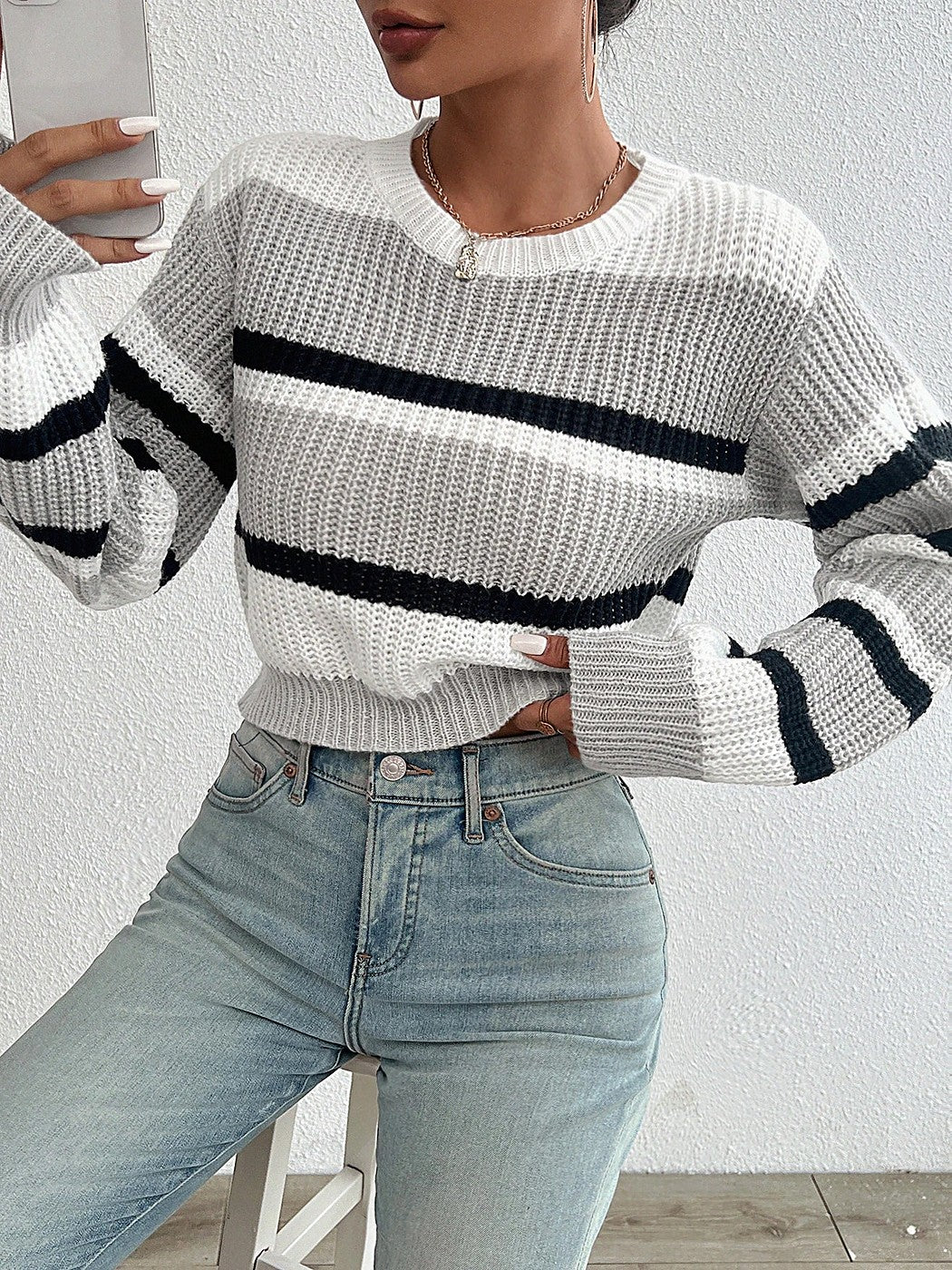 Women's Striped Balloon Sleeve Jumper