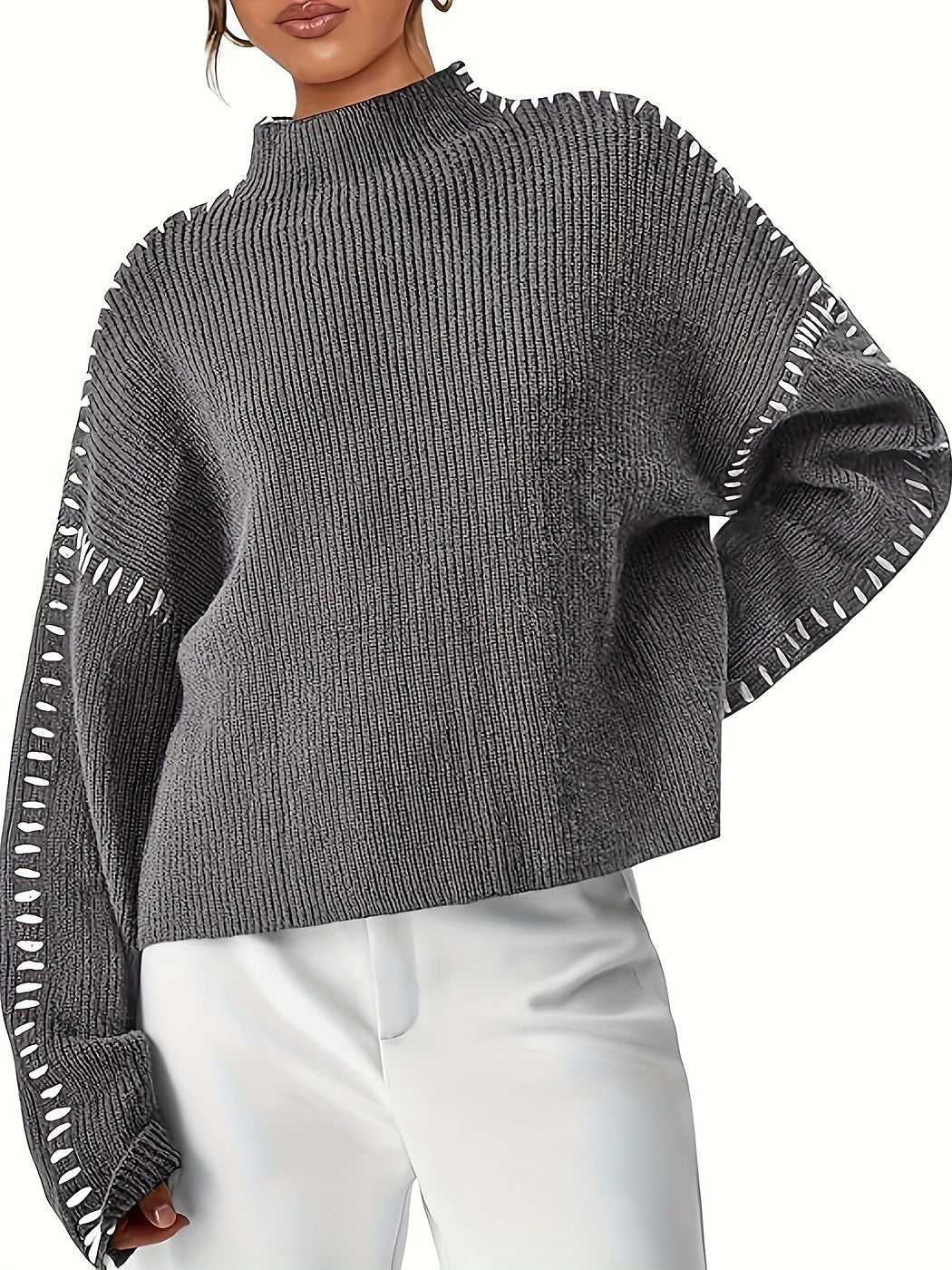 Women's Blanket Stitch Funnel Neck Jumper