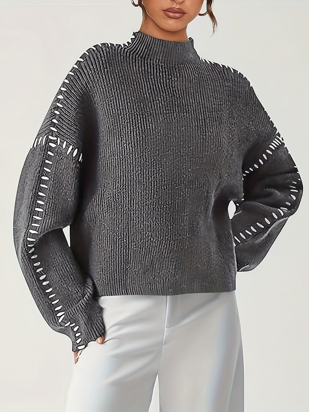 Women's Blanket Stitch Funnel Neck Jumper