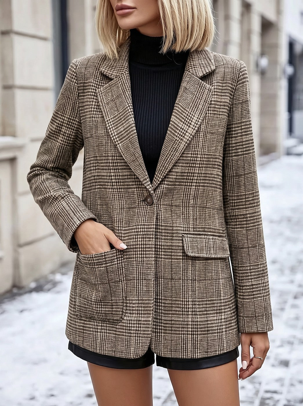 Women's Checked Tailored Single Button Blazer