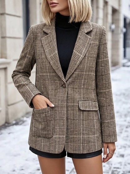 Women's Checked Tailored Single Button Blazer
