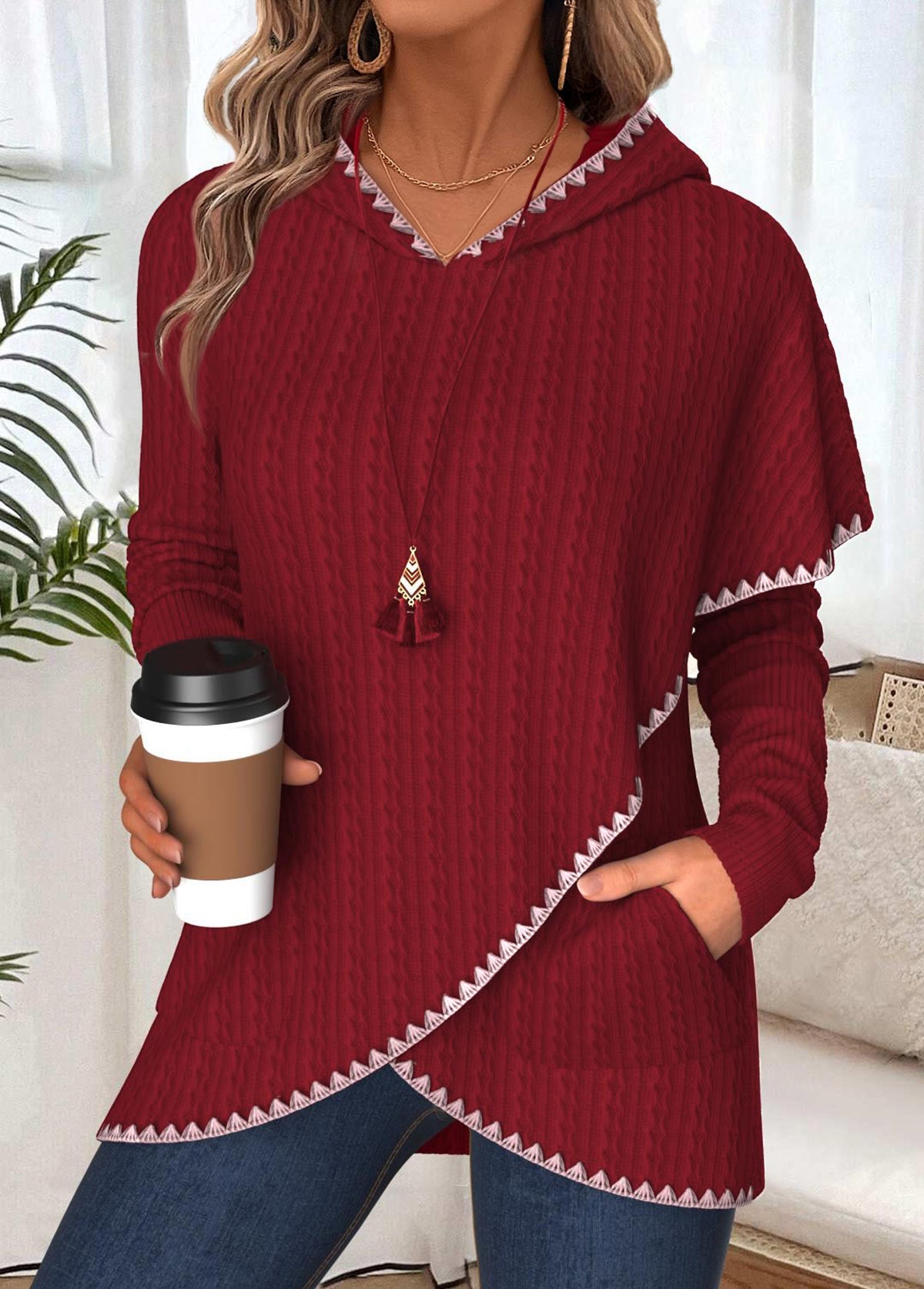 Ladies Crossover Hem Ribbed Knit Hoodie