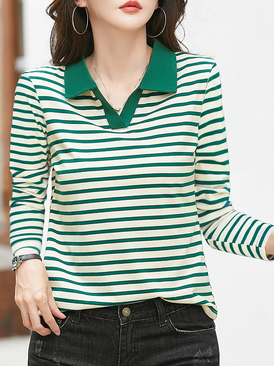 Women's Long Sleeve Striped Polo Shirt