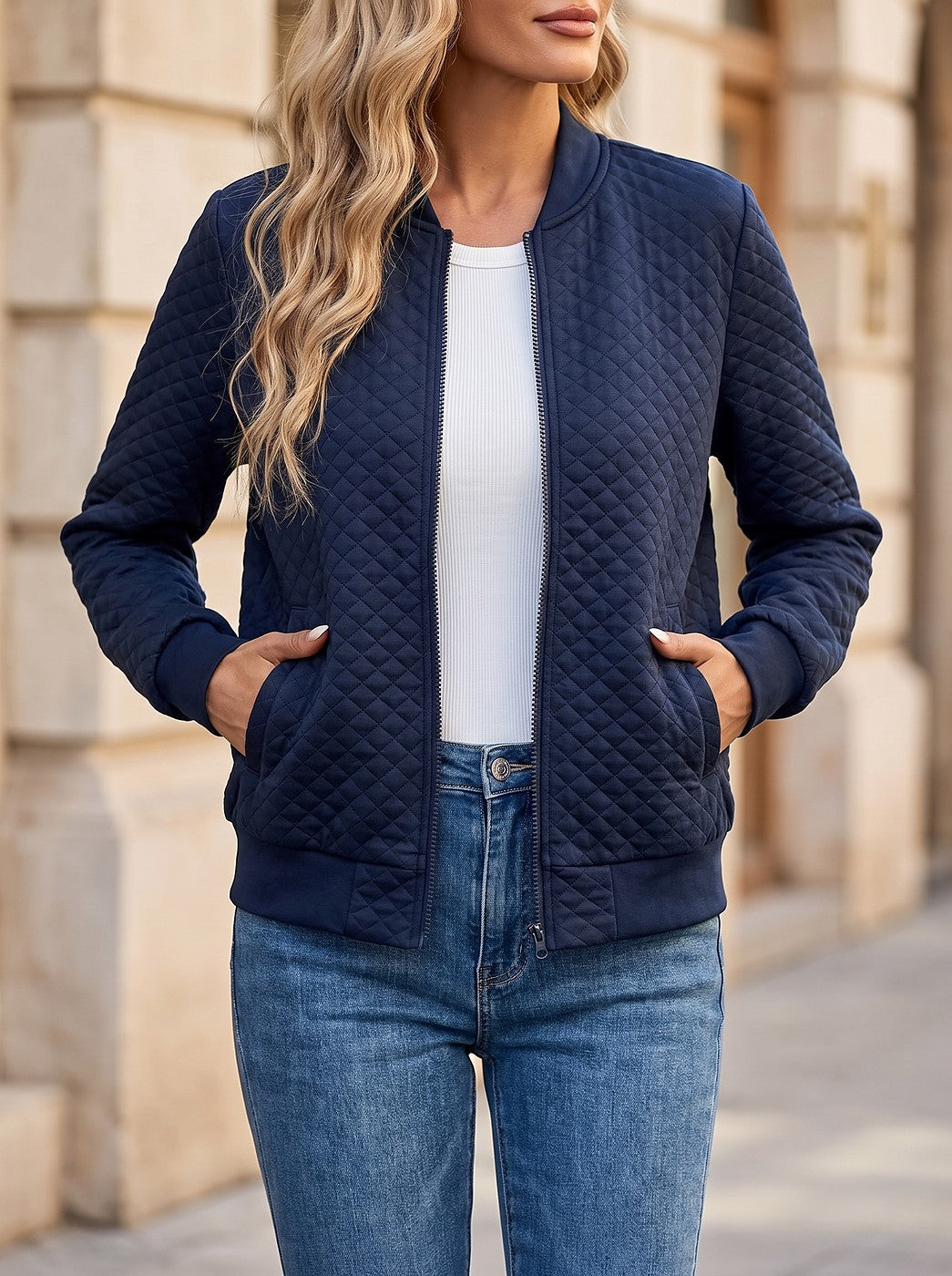 Women's Padded Bomber with Ribbed Stand Collar