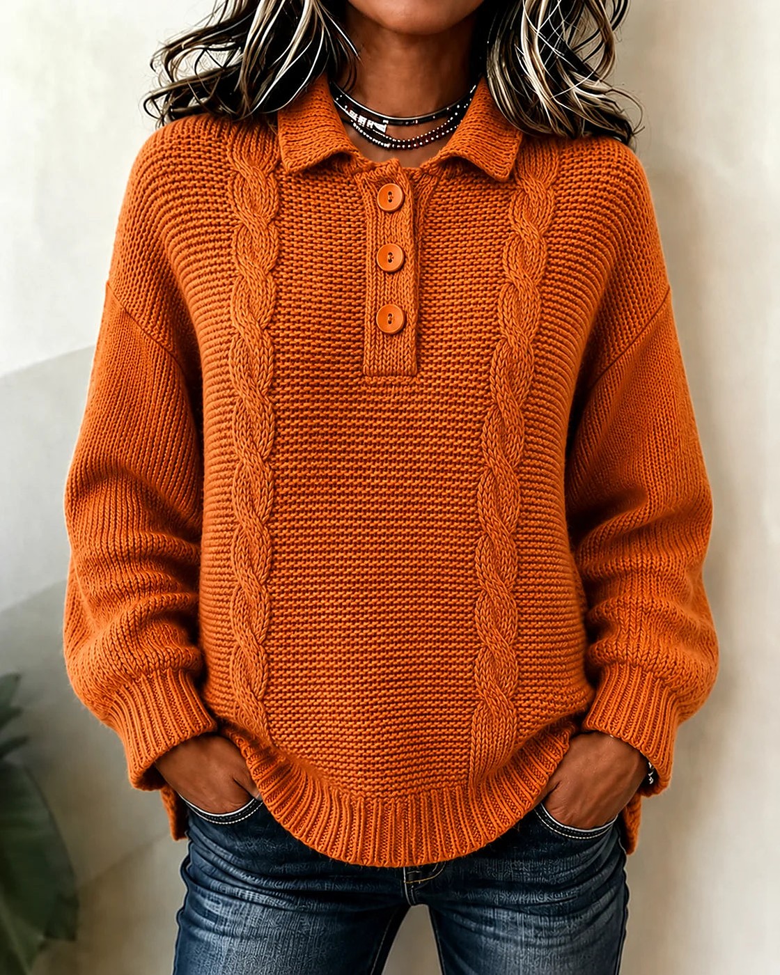 Women's Polo Collar Cable Jumper