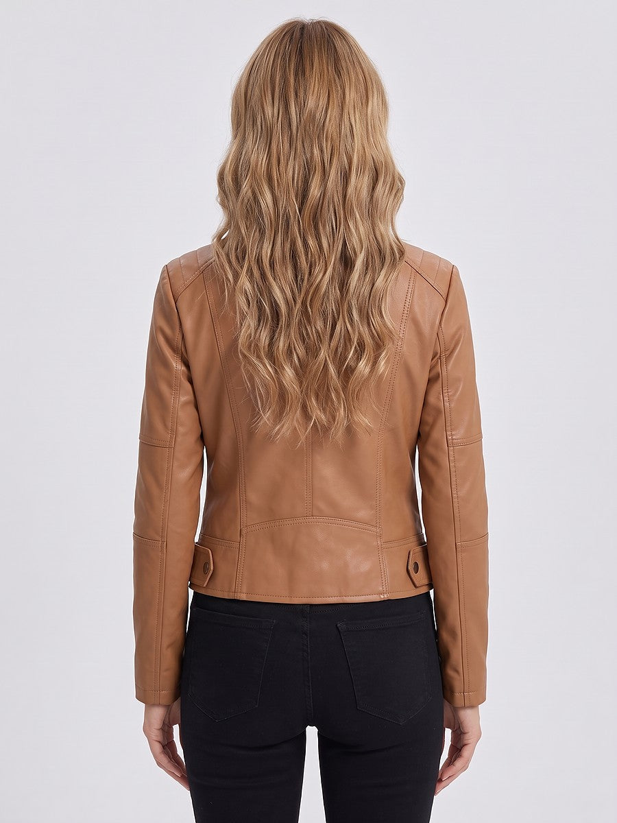 Ladies Cropped Faux Leather Biker Jacket