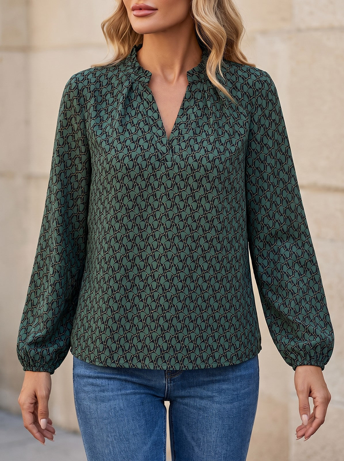 Women's Ruffle Neck Printed Puff Blouse