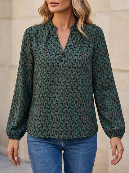 Women's Ruffle Neck Printed Puff Blouse