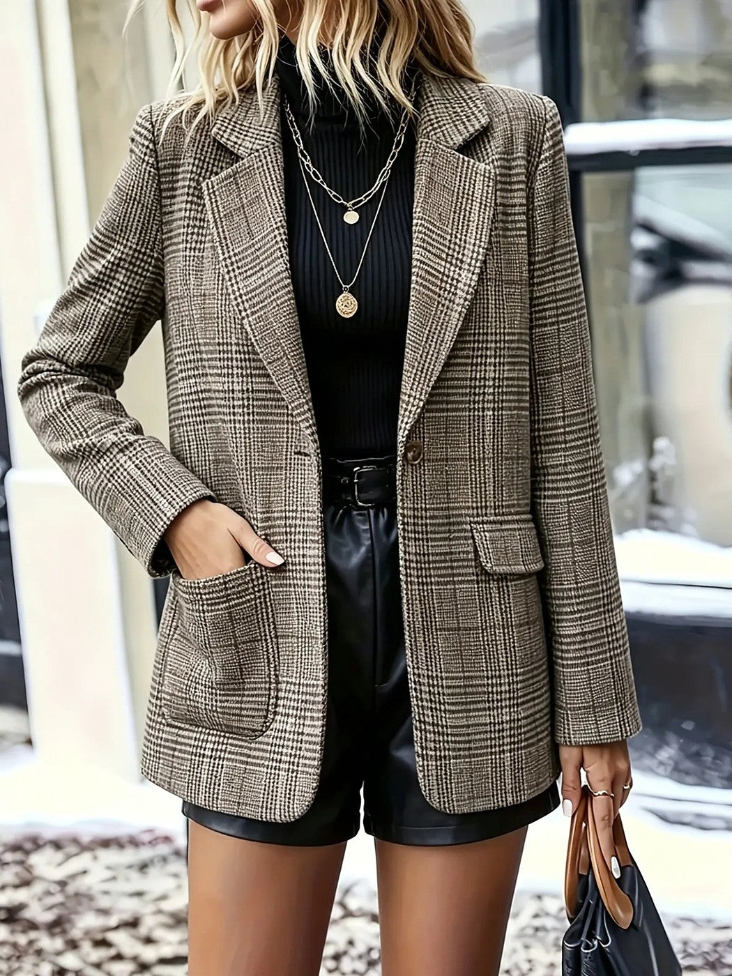 Women's Checked Tailored Single Button Blazer