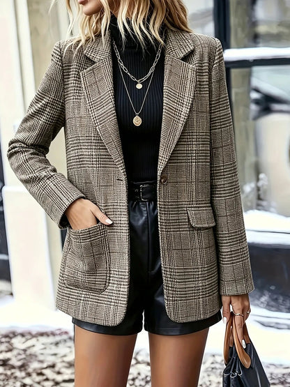 Women's Checked Tailored Single Button Blazer