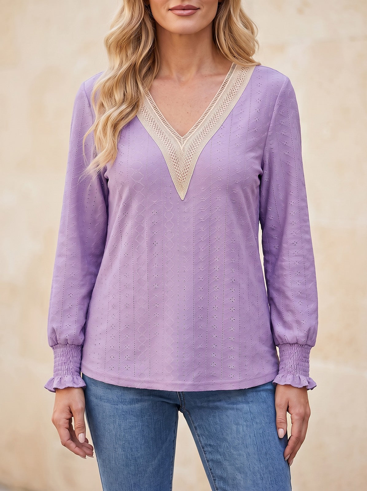 Women's Eyelet Ruffle Long Sleeve Blouse