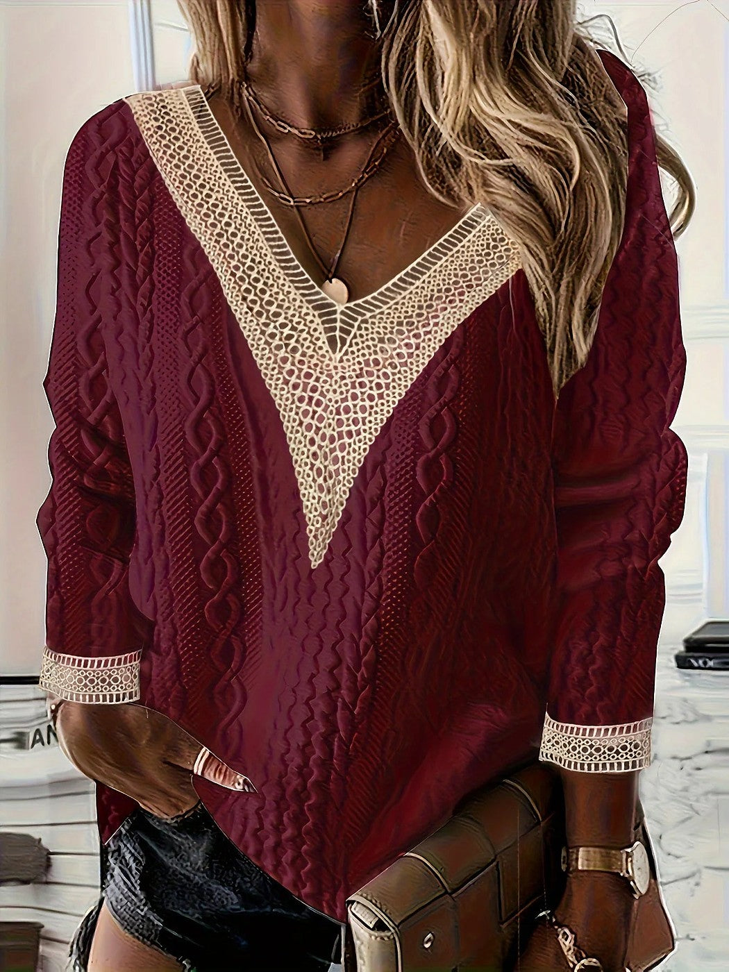 Women's Lace Trim Cable Knit Jumper