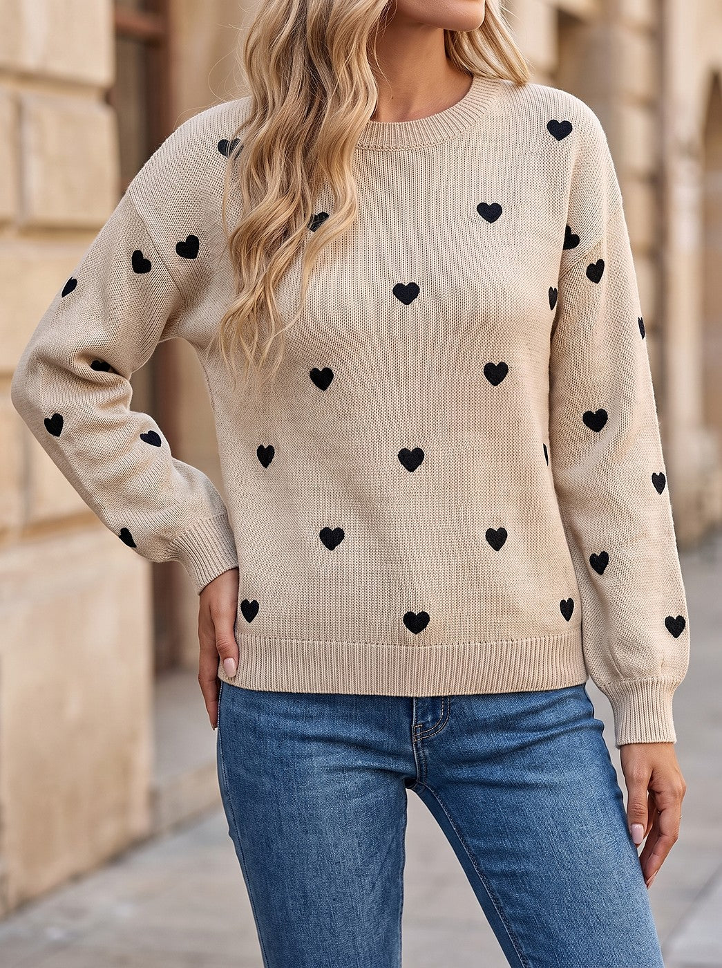 Women's Raised Heart Motif Puff Sleeve Jumper