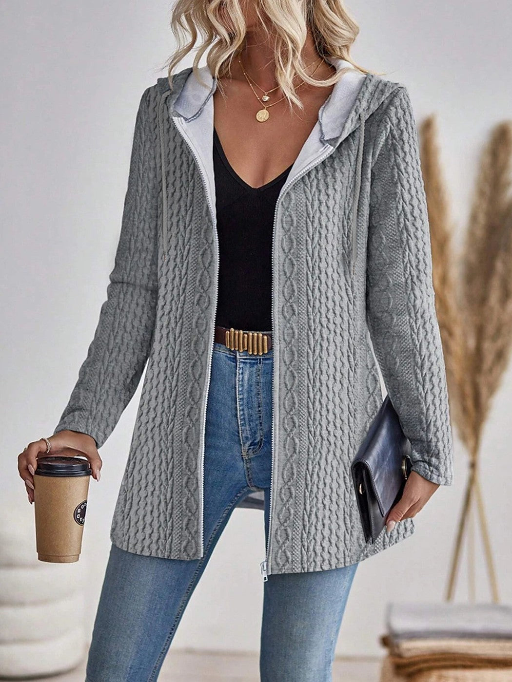 Women's Hooded Cable Knit Cardigan