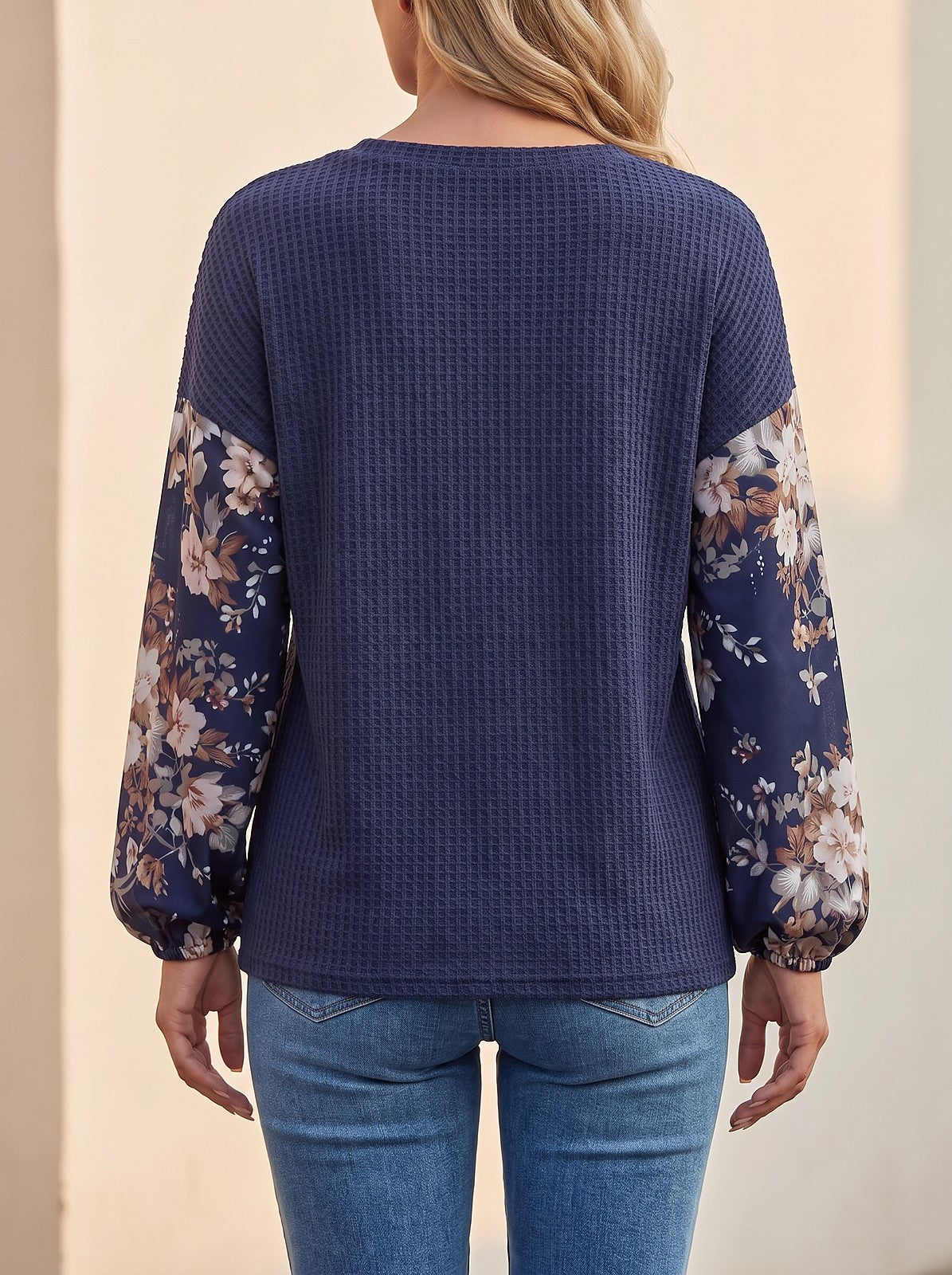 Women's Waffle Top with Floral Puff Sleeves