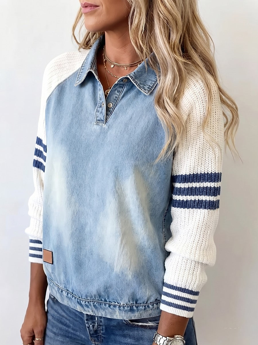 Ladies Stripe Sleeve Denim Knit Top