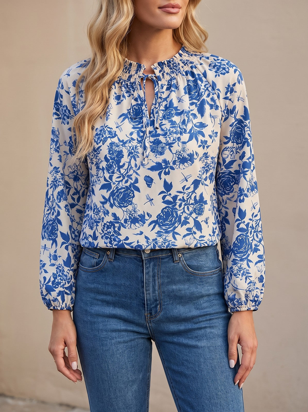 Women's Lightweight Botanical Print Puff Blouse