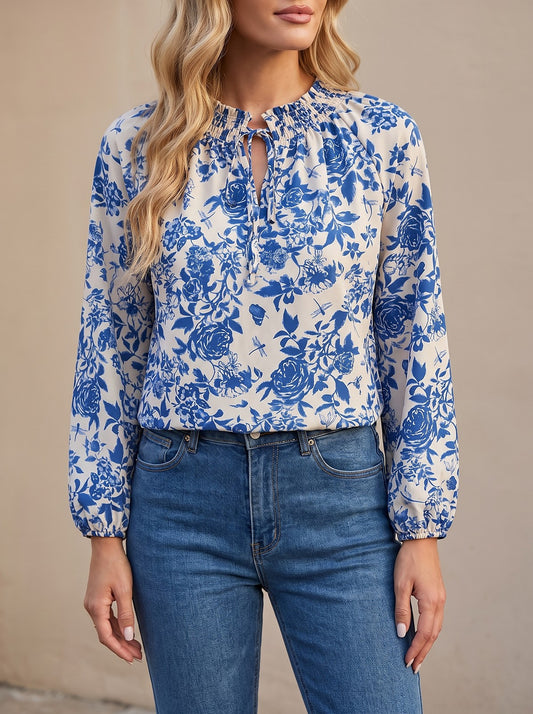 Women's Lightweight Botanical Print Puff Blouse