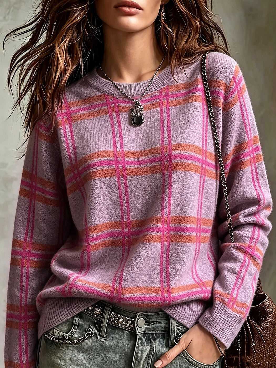 Women's Autumn Check Brushed Knit Jumper