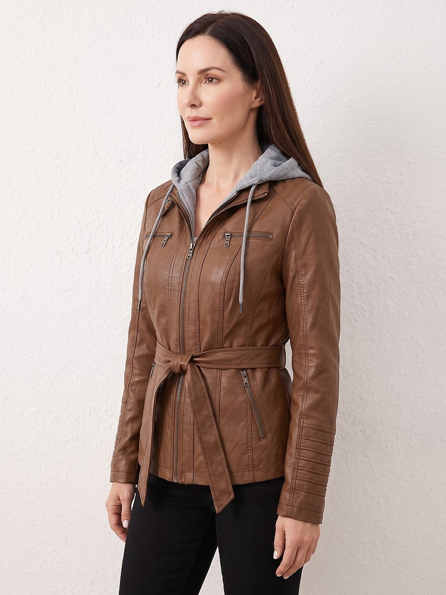 Ladies Biker Jacket Detachable Jersey Hood