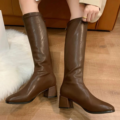 Women's Back Zip Long Block Heel Boots