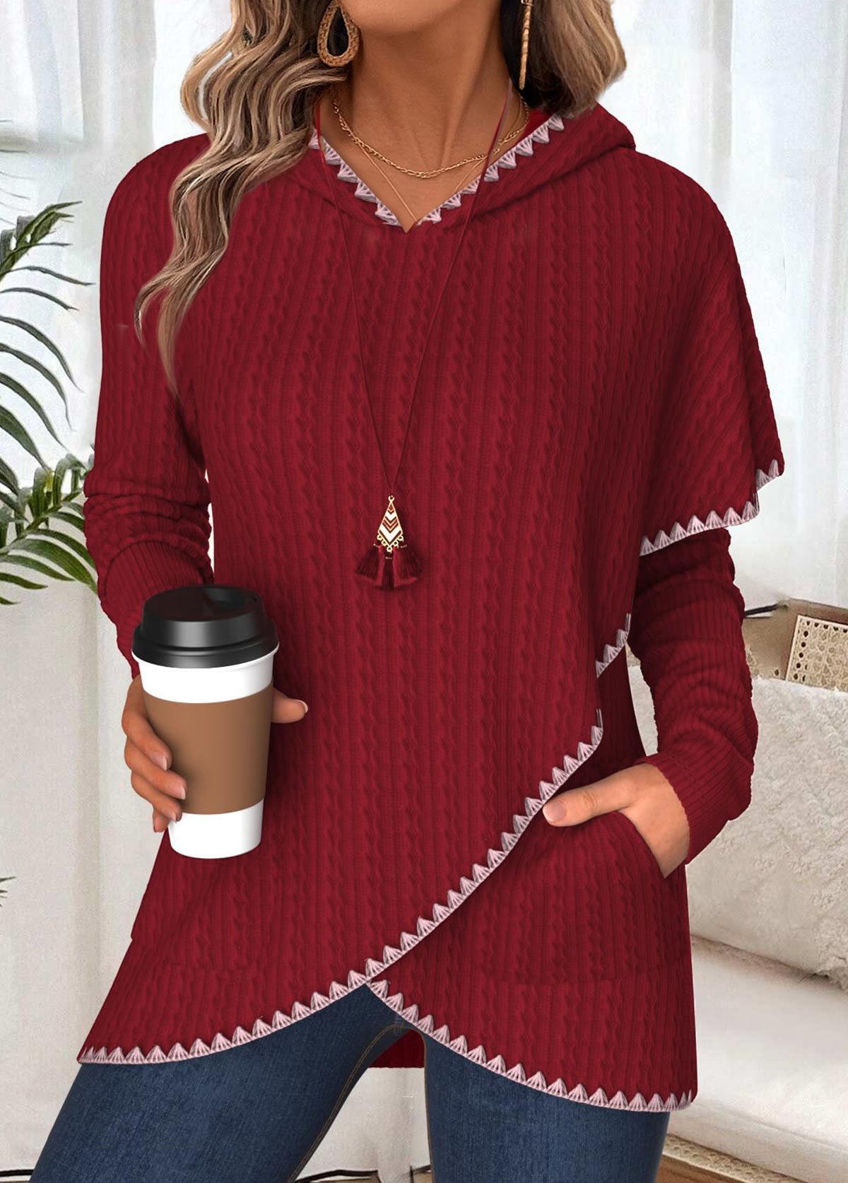 Ladies Crossover Hem Ribbed Knit Hoodie