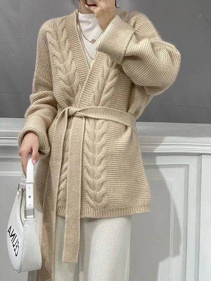Women's Easy Wear Belted Cable Knit Cardigan