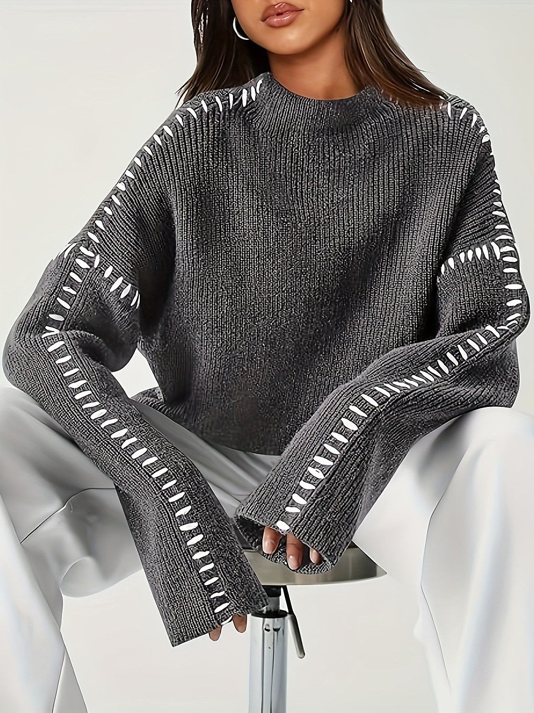 Women's Blanket Stitch Funnel Neck Jumper