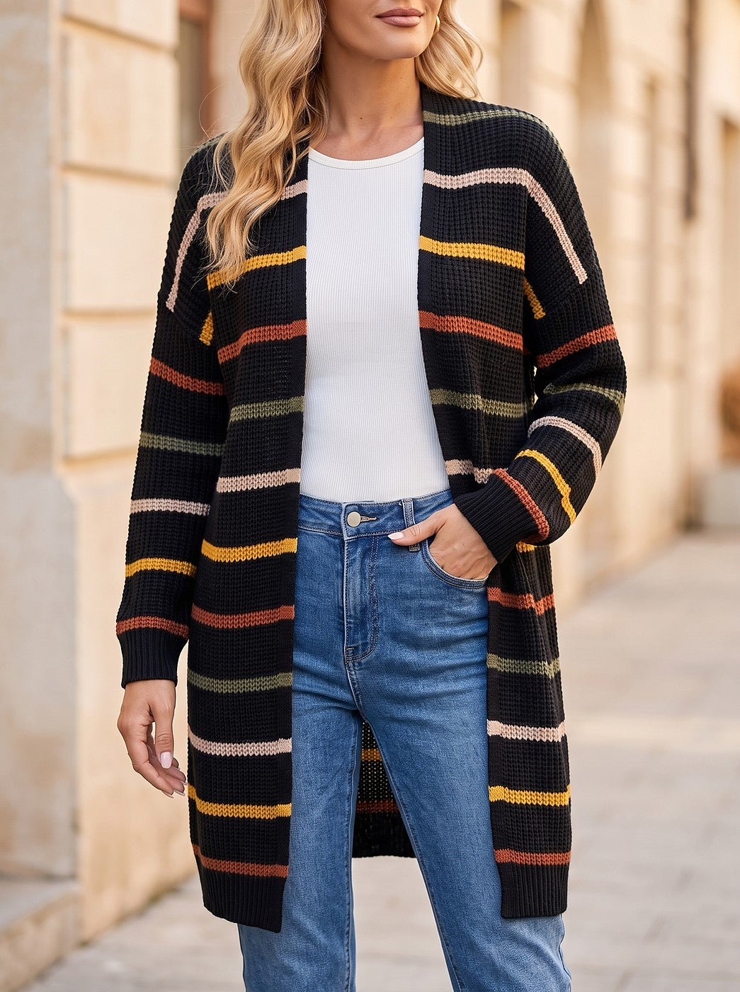 Women's Fine Stripe Longline Open Cardigan