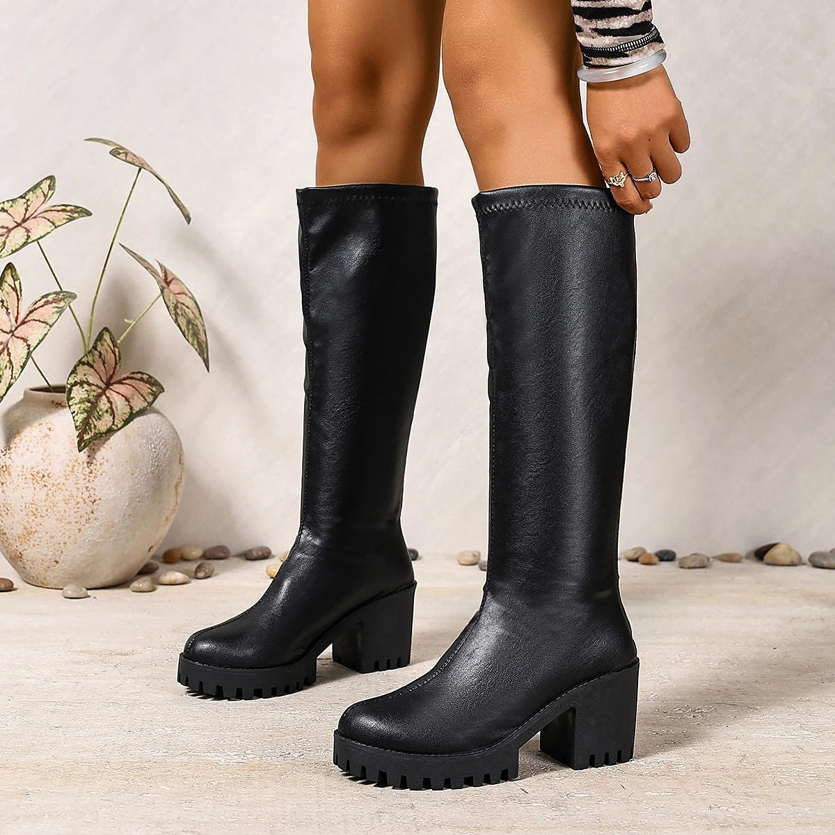Women's Round Toe Tall Heeled Boots