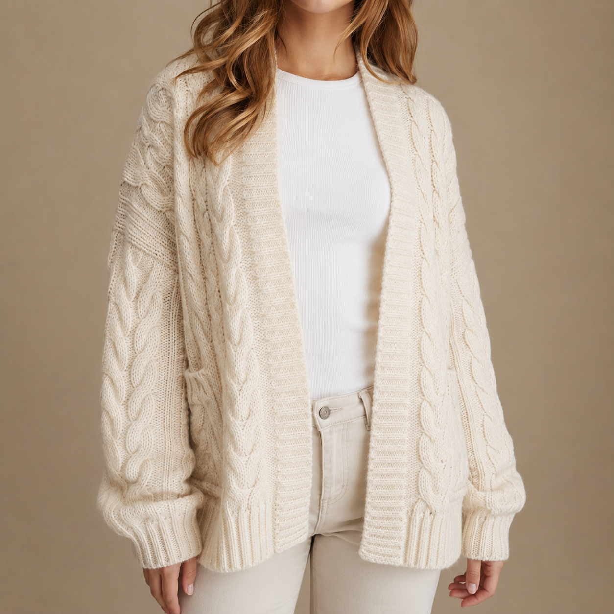Women's Chunky Cable Knit Open Front Cardigan Marie
